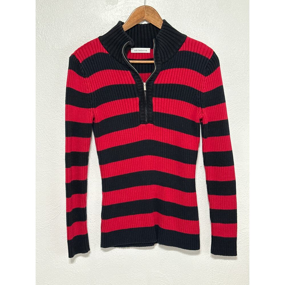 VTG 90s Y2K Liz Claiborne Rugby Stripe 1/4Zip Sweater S Red Black Preppy Sporty